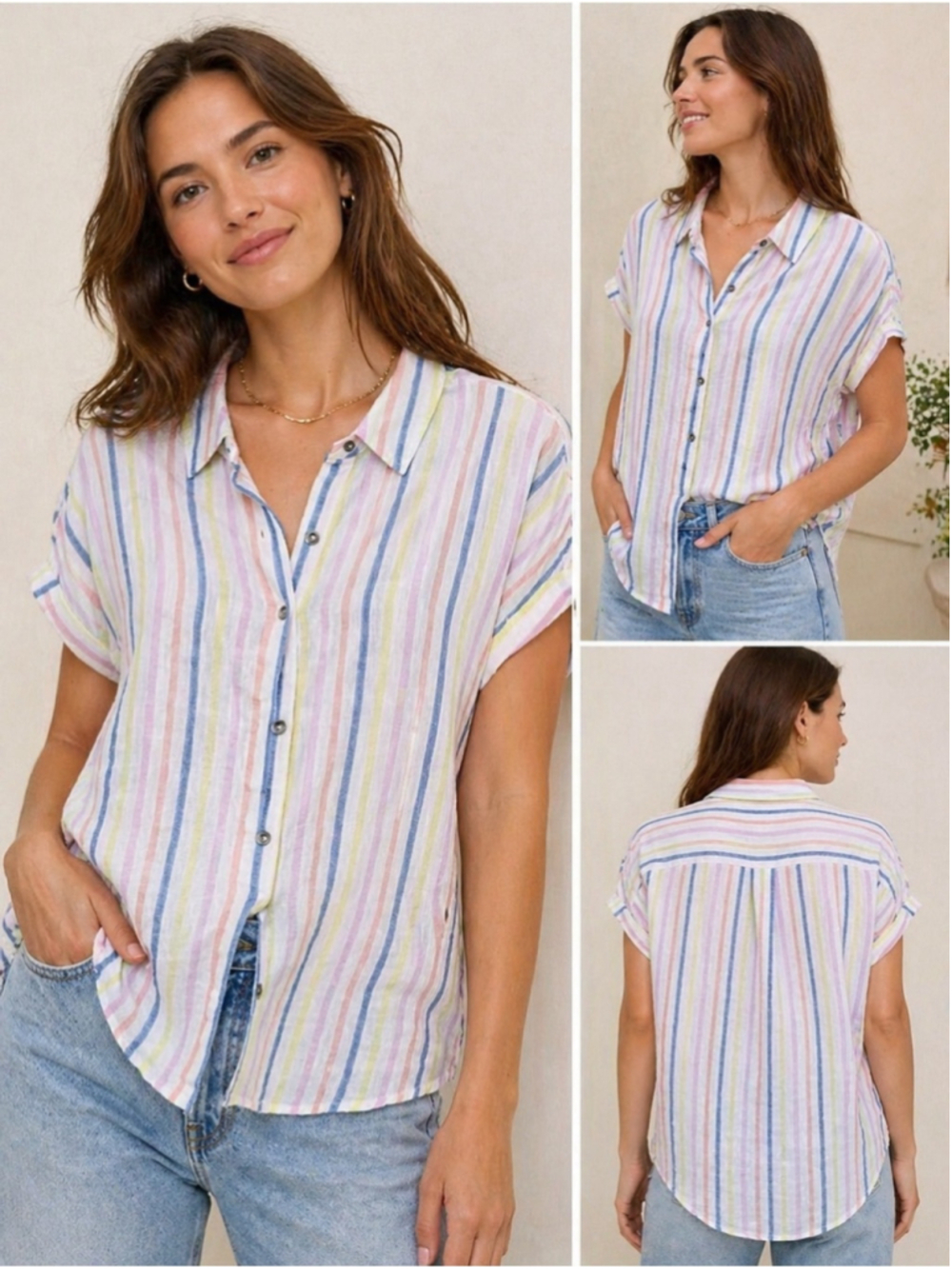 Splendid Linen Blend Striped Button Up Shirt Small Pastel Relaxed Fit - Picture 2 of 6